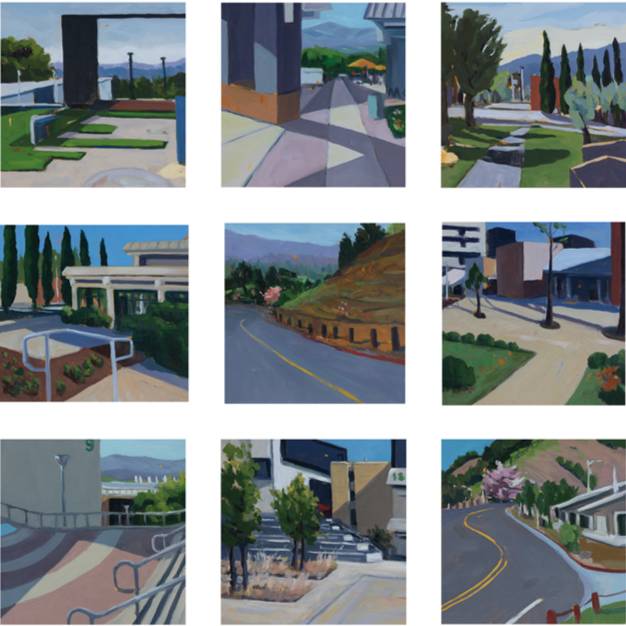 Commissioned Paintings for Cañada College, Building 22, “Architectural Horizons 1-9”, 2022, oil on panel, 8x8 inches each.