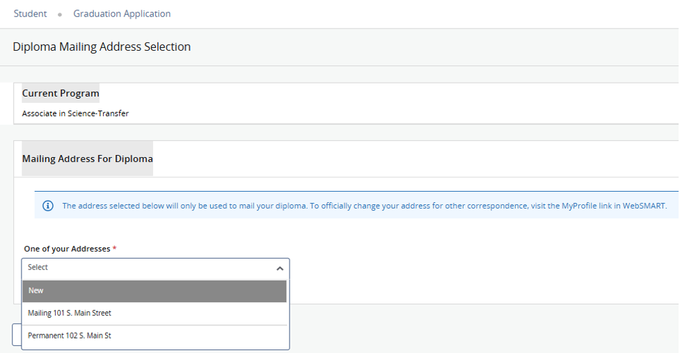 screenshot of diploma mailing address selection