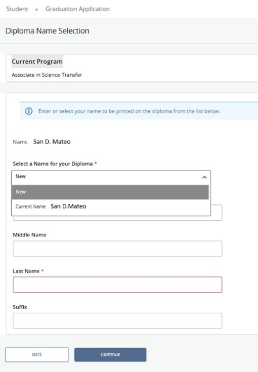 screenshot showing diploma name selection