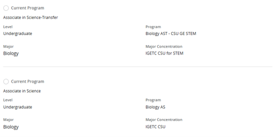 screenshot of available programs to select