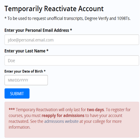 screenshot of page where you can reset an inactive student account