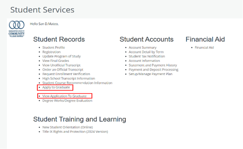 screenshot of student services page with "Apply to Graduate" and "View Application to Graduate" circled in red.