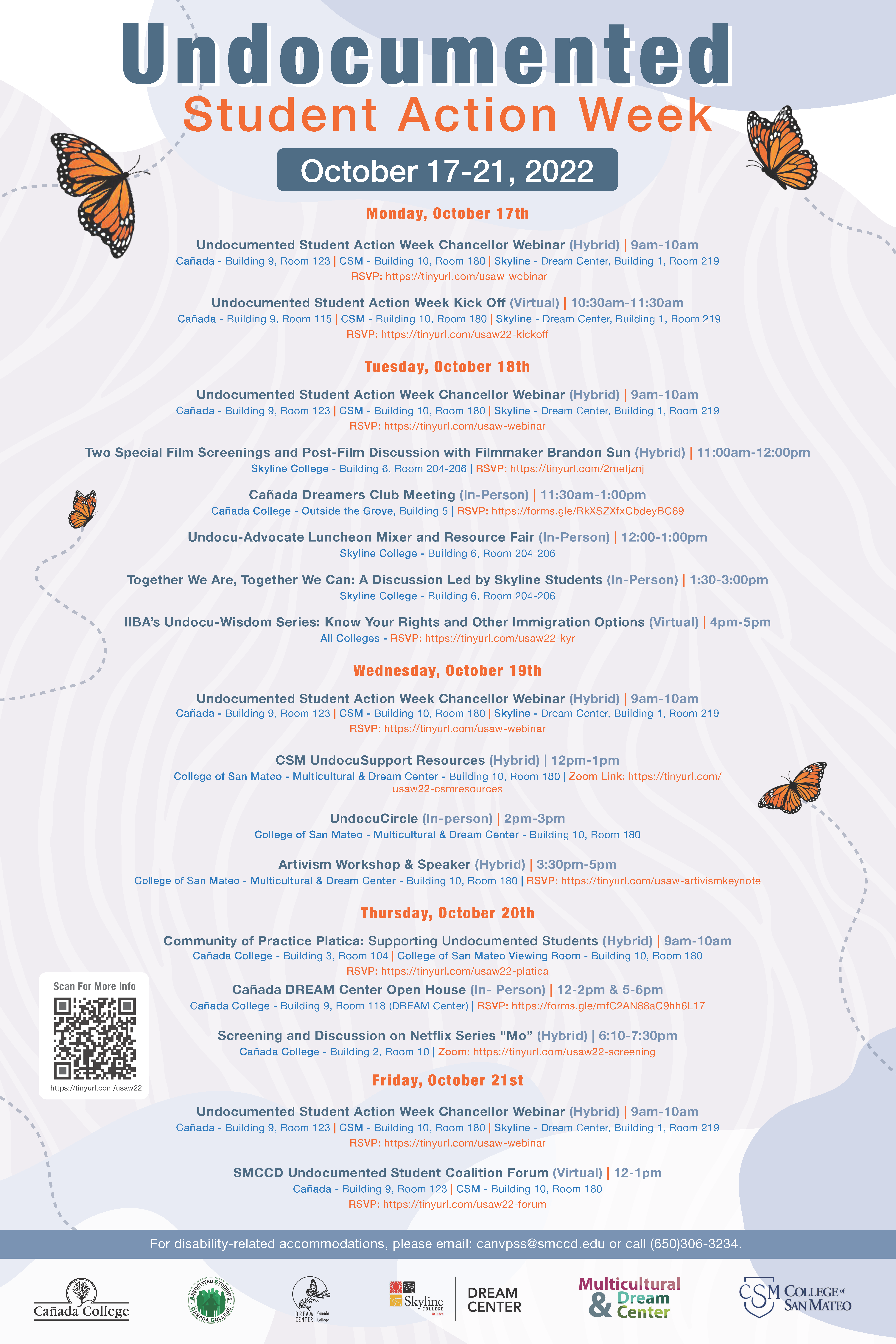 poster with full list of events for undocumented student action week