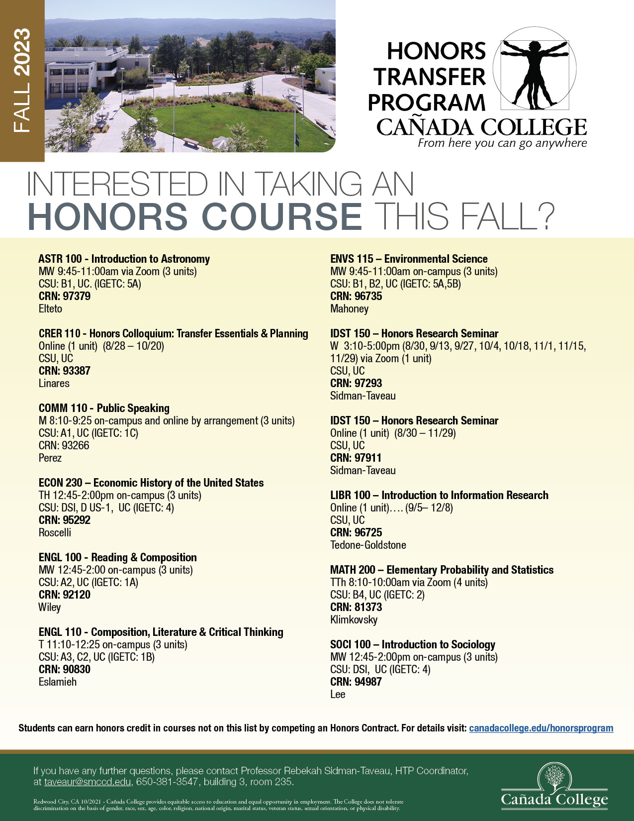 Courses Schedule Honors Transfer Program Cañada College