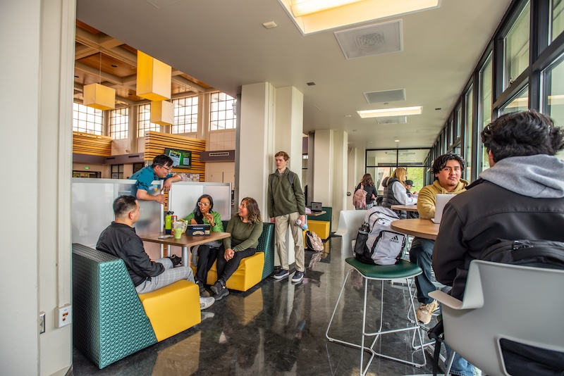 Students sitting at tables engaged in conversation.
