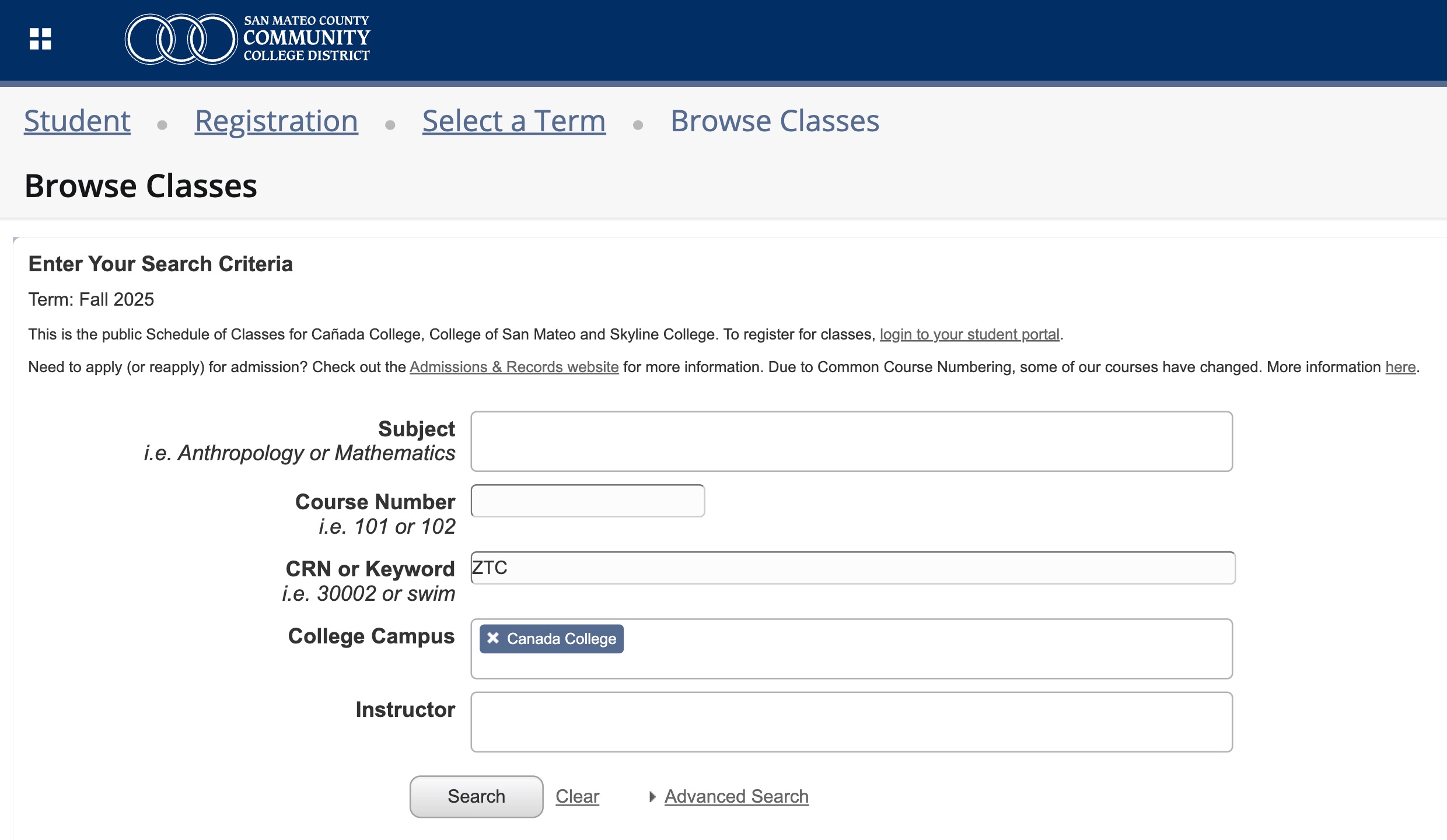 Screenshot of the San Mateo County Community College District's Browse Classes page. The search form is set to Fall 2025 with the keyword "ZTC" and the selected college campus "Cañada College".